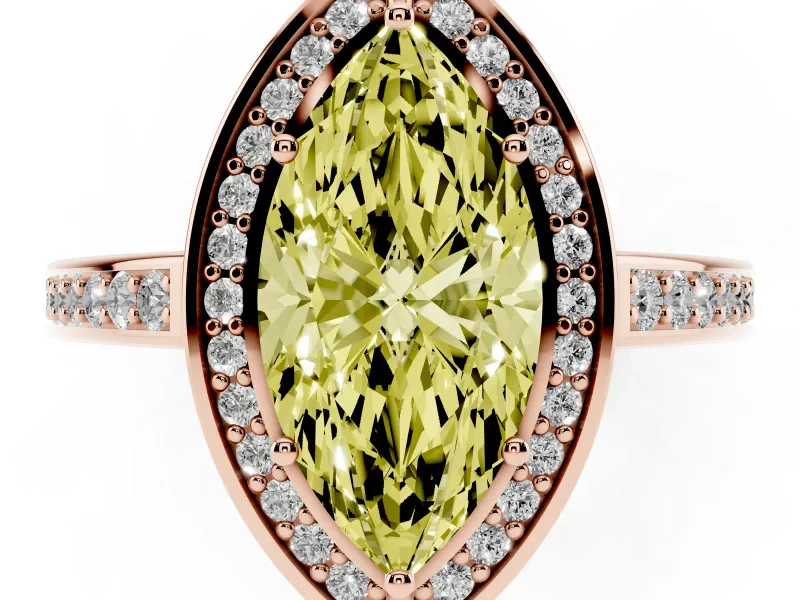 Fancy Yellow Marquise Cut Diamond Halo Pavé Split Shank Ring Set in Rose gold with Prong Setting