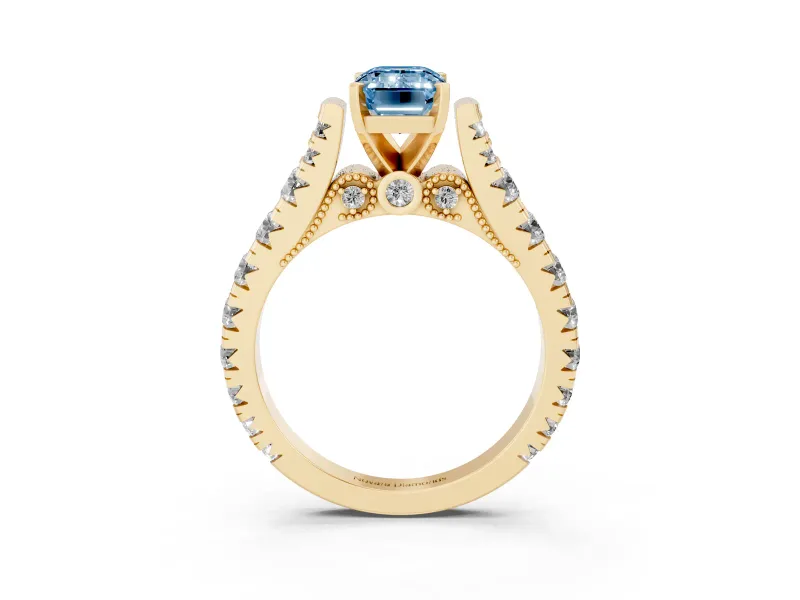 Emerald Cut Graduated Cathedral Engagement Ring Setting for a Fancy Blue Lab-Grown Diamond | Side Stones | Yellow Gold