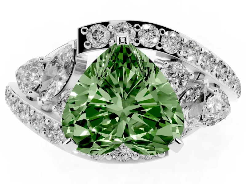 Fancy Green Heart Cut Diamond Halo Ring Set in Platinum with Marquise and Pavé Band in Prong Setting