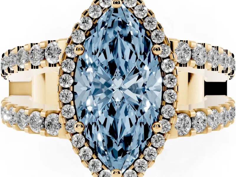 Marquise Halo Split Shank Engagement Ring Setting for a Fancy Blue Lab-Grown Diamond | Yellow Gold
