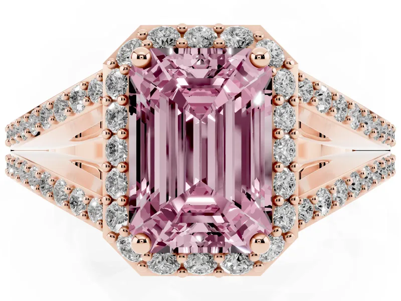 Emerald Cut Split Shank Halo Engagement Ring Setting for a Fancy Pink Lab-Grown Diamond | Rose Gold