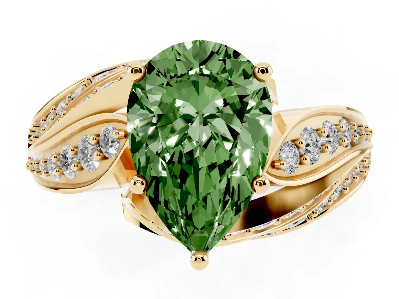 Fancy Green Pear Cut Diamond Solitaire Ring Set in Yellow gold with Layered Twist Pavé Band