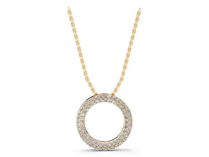 Round Lab-Grown Diamond Double Row Pavé Circle Pendant Necklace | Polished Rim | Yellow Gold