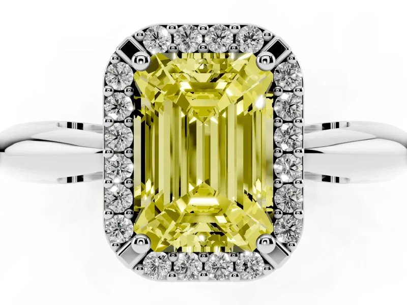 Fancy Yellow Emerald Cut Diamond Halo Engagement Ring Set in Platinum with Plain Split Shank and Prong Setting