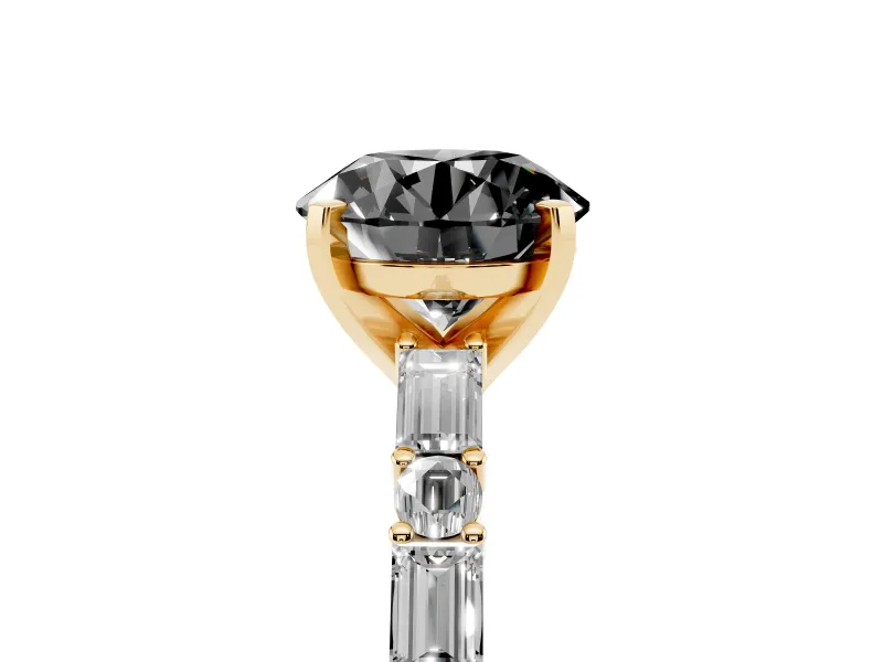 Fancy Black Round Cut Diamond Solitaire Set in Yellow gold with Side Baguettes and Channel Set Band