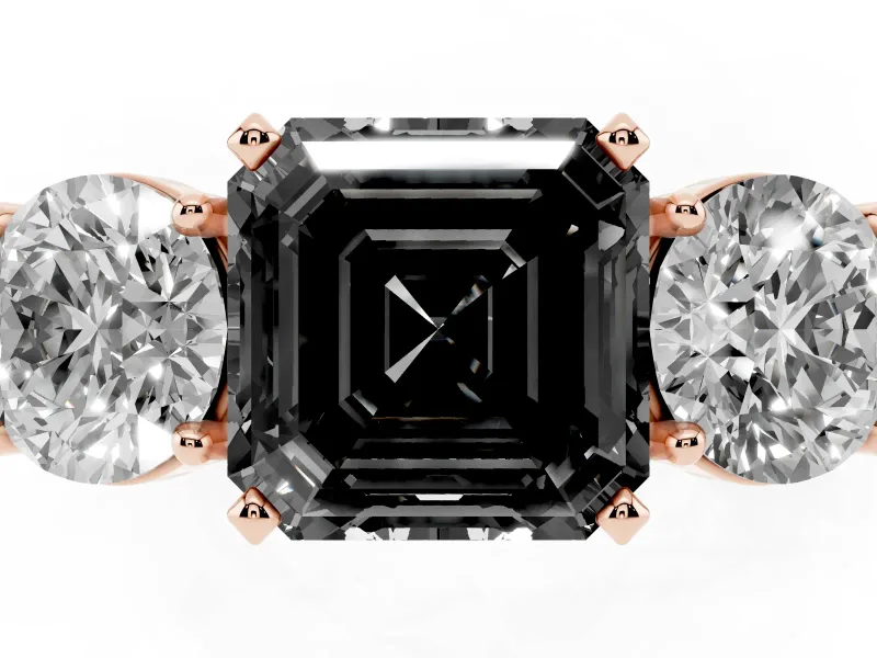Asscher Cut Three Stone Engagement Ring Setting for a Black Center | Round Side Stones | Rose Gold