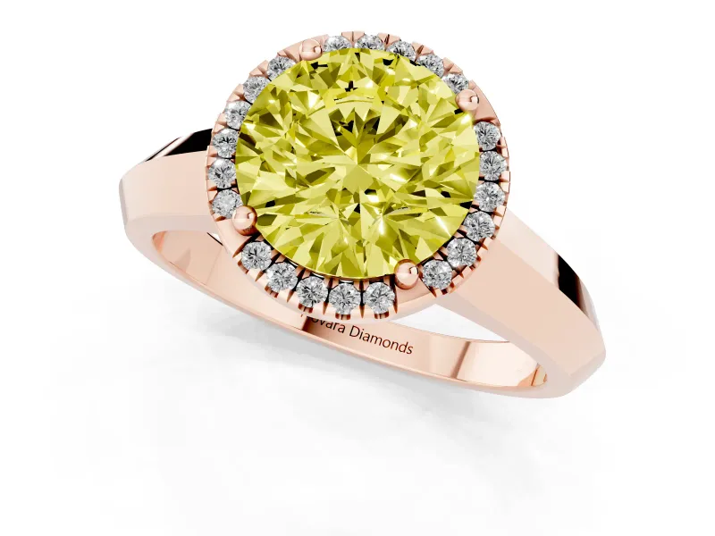 Fancy Yellow Round Cut Diamond Halo Ring Set in Rose gold with Cathedral Band and Prong Setting