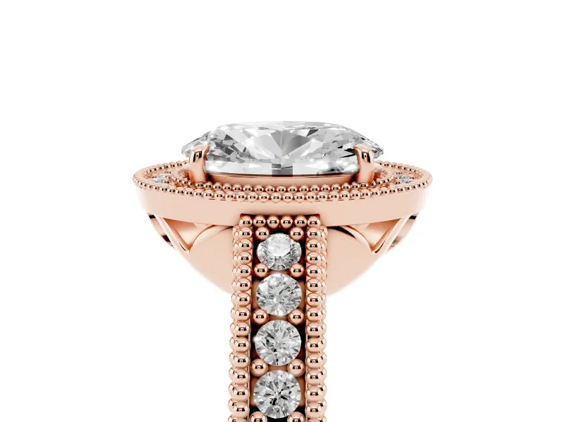 Oval Cut Diamond Halo Ring Set in Rose gold with Round Accent Halo, Pavé Band and Prong Setting
