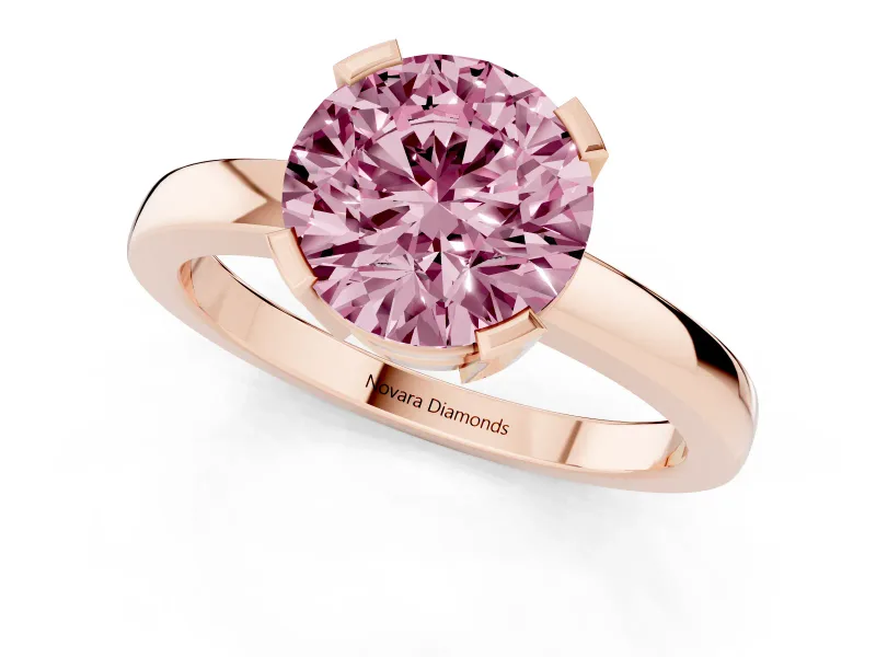 Fancy Pink Round Cut Diamond Solitaire Ring Set in Rose gold with Prong Head and Smooth Polished Band