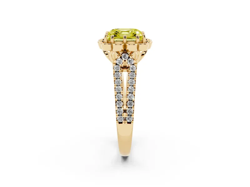 Asscher Cut Floral Halo Engagement Ring Setting for a Fancy Yellow Lab-Grown Diamond | Pavé Split Shank | Yellow Gold