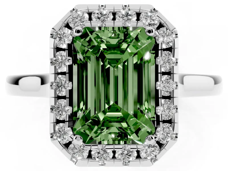 Fancy Green Emerald Cut Halo Round Diamond Solitaire Ring Set in White gold with Pavé Band and Prong Setting