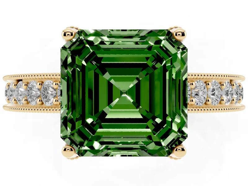 Asscher Cut Hidden Halo Engagement Ring Setting for a Fancy Green Lab-Grown Diamond | Milgrain Pave | Yellow Gold