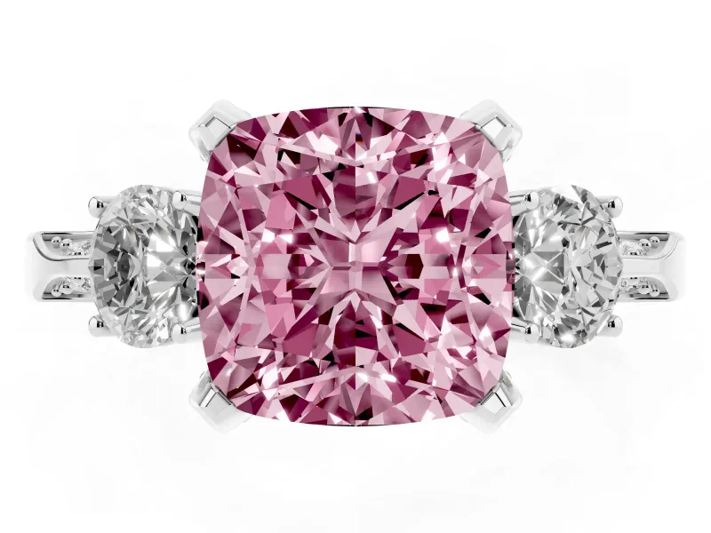 Cushion Cut Hidden Halo Three Stone Engagement Ring Setting for a Fancy Pink Lab-Grown Diamond | Sterling Silver
