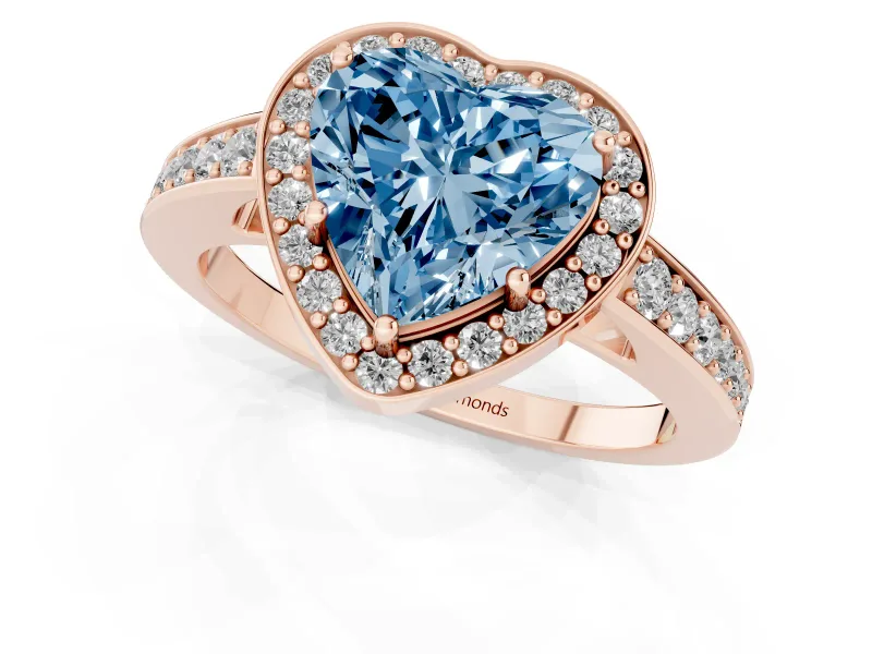 Fancy Blue Heart Cut Diamond Halo Pavé Engagement Ring Set in Rose gold with Bezel Setting