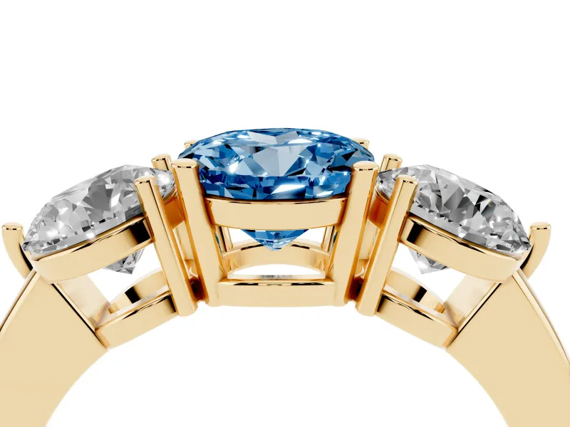 Round Three Stone Engagement Ring Setting for a Fancy Blue Lab-Grown Diamond | Large Round Side Stones | Yellow Gold