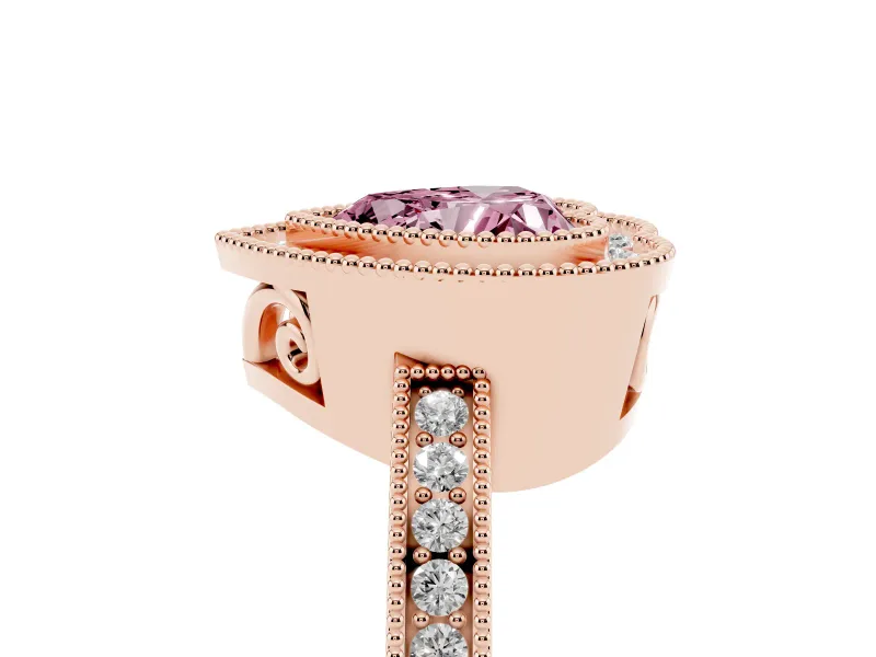 Fancy Pink Heart Cut Diamond Halo Ring Set in Rose gold with Pavé Band and Milgrain-Edged Prongs