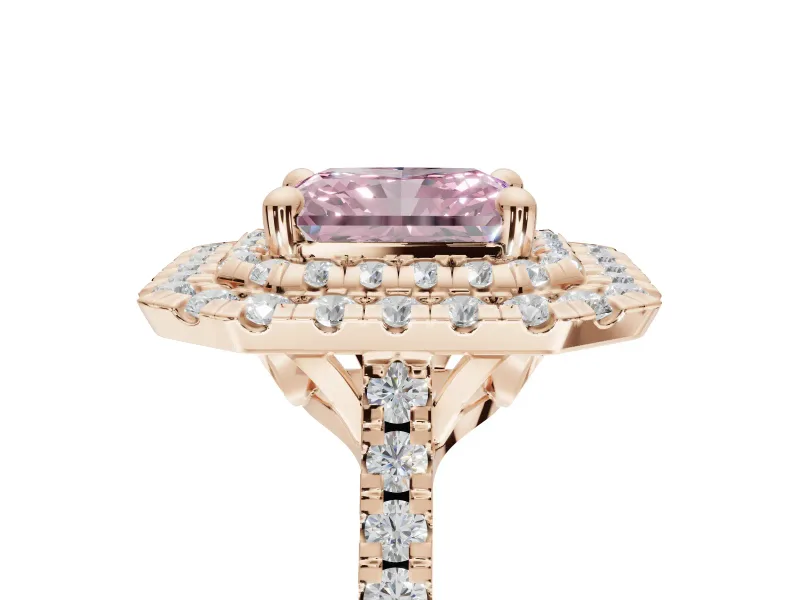 Fancy Pink Radiant Cut Lab-Grown Diamond Double Halo Statement Ring Set in Rose Gold with Pavé Band