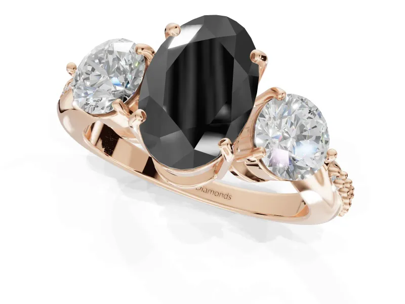 Oval Three Stone Engagement Ring Setting for a Black Center | Tapered Pavé Band | Rose Gold