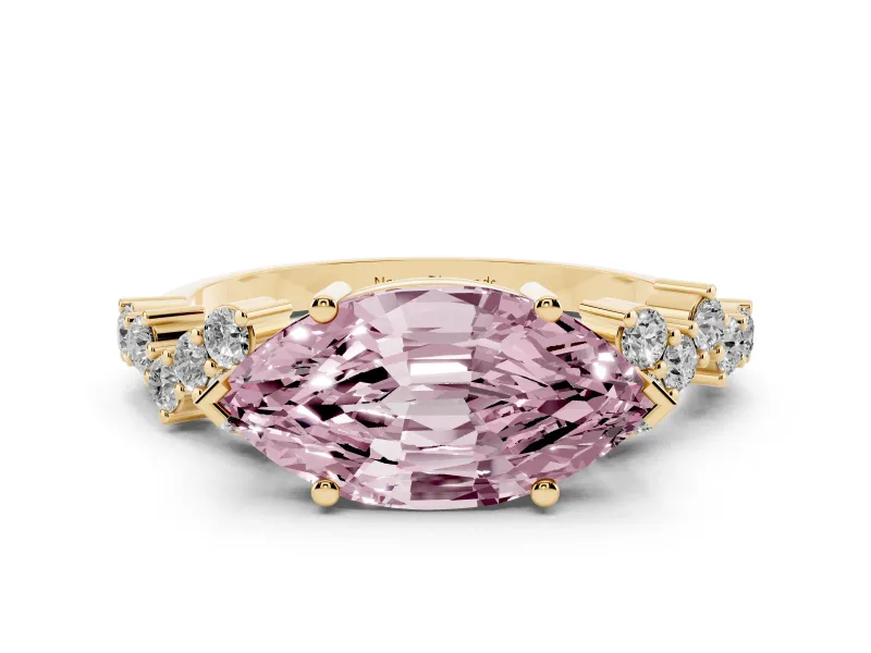 Fancy Pink Marquise Cut Diamond Ring Set in Yellow gold with Scattered Round Accents