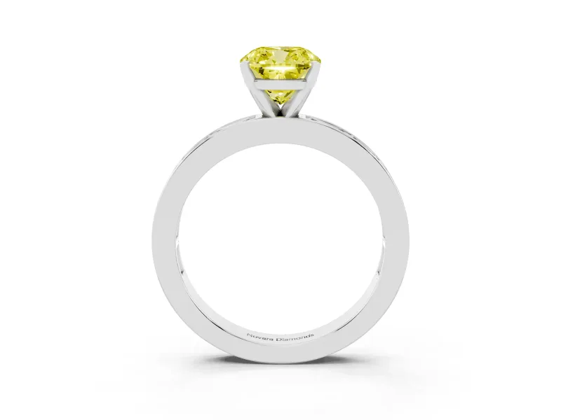 Fancy Yellow Cushion Cut Diamond Solitaire Ring Set in Platinum with Channel-Set Baguette Band and Prong Setting