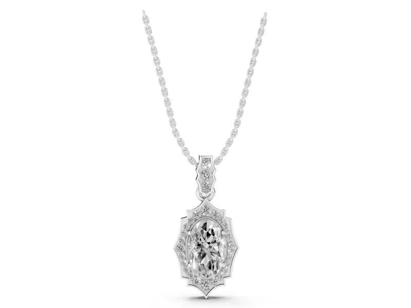 Oval Lab-Grown Diamond Art Deco Halo Pendant Necklace | Scalloped Frame | White Gold