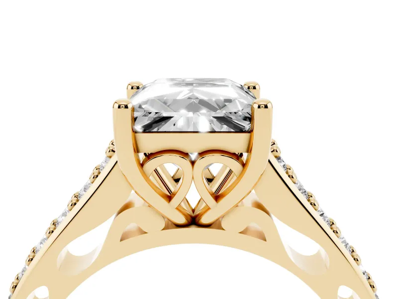 Princess Cut Graduated Pave Cathedral Engagement Ring Setting | Scroll Cut-Outs | Yellow Gold
