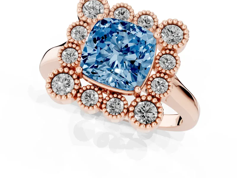 Cushion Cut Milgrain Cluster Halo Engagement Ring Setting for a Fancy Blue Lab-Grown Diamond | Plain Band | Rose Gold