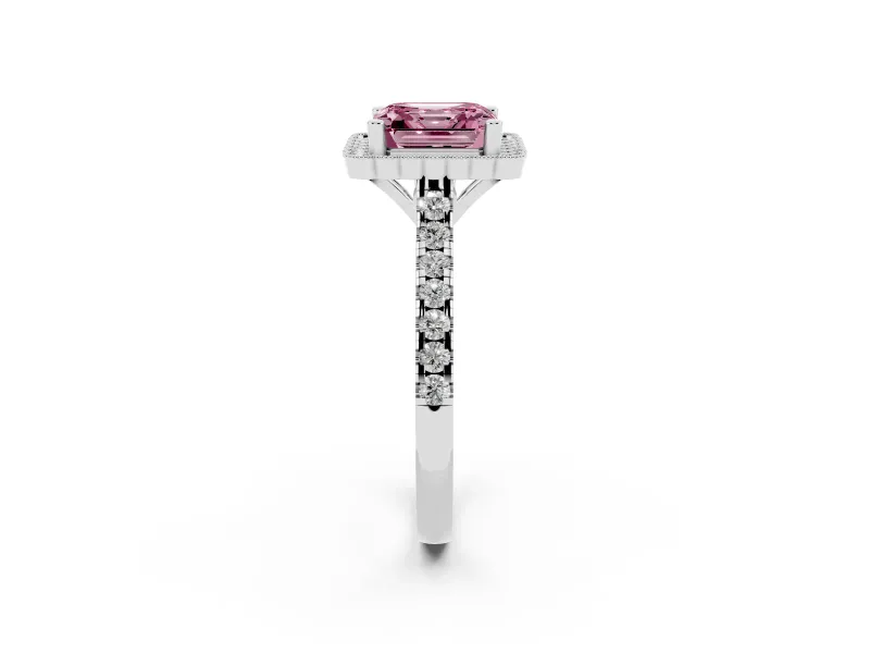 Fancy Pink Asscher Cut Diamond Milgrain Floral Halo Engagement Ring Set in White gold with Pavé Band