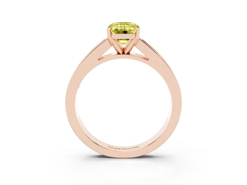 Fancy Yellow Emerald Cut Diamond Solitaire Ring Set in Rose gold with Channel-Set Band and Prong Setting
