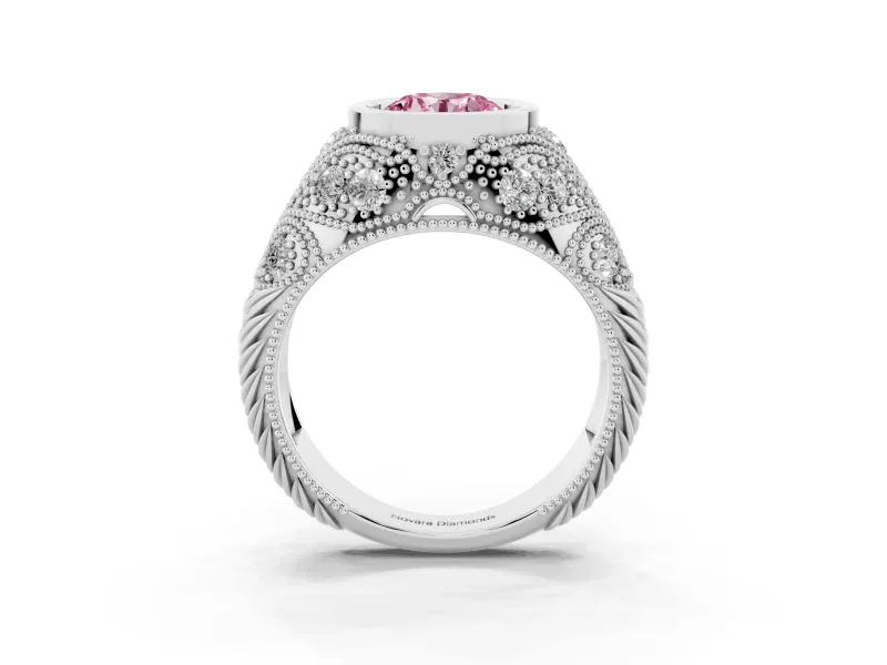 Fancy Pink Round Cut Diamond Bezel Ring Set in White gold with Milgrain Accent Band