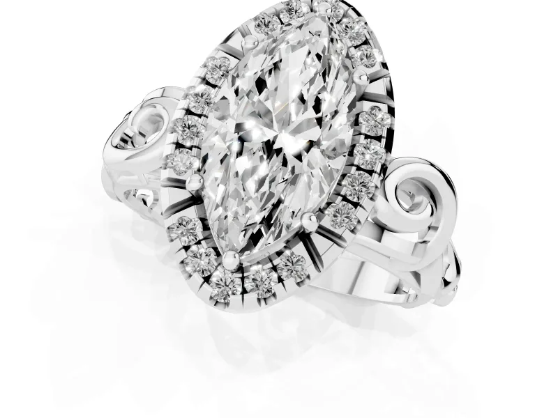 Marquise Cut Diamond Halo Ring Set in Platinum with Scrollwork Band and Prong Setting