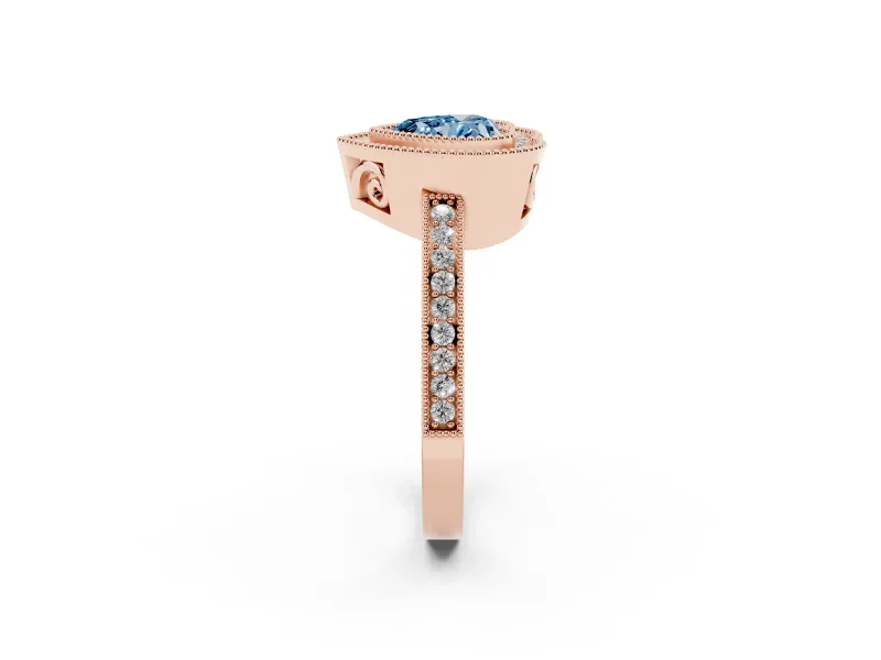 Heart-Shaped Double Milgrain Halo Engagement Ring Setting for a Fancy Blue Lab-Grown Diamond | Pave Band | Rose Gold