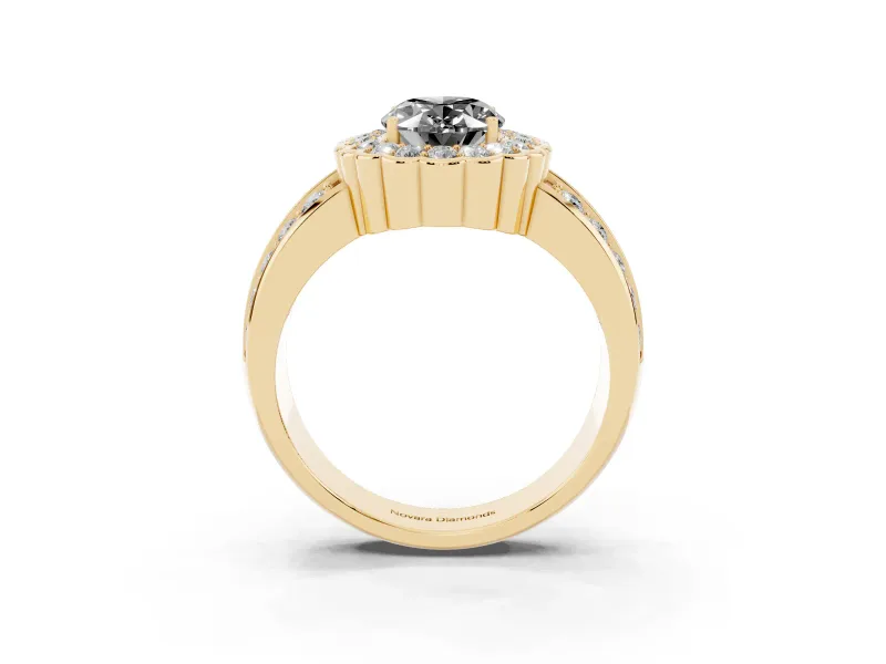 Fancy Black Oval Cut Diamond Scalloped Halo Ring Set in Yellow gold with Pavé Split Shank