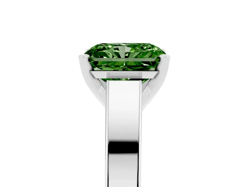 Fancy Green Radiant Cut Diamond Solitaire Engagement Ring Set in Platinum with Prong Setting and Tapered Band