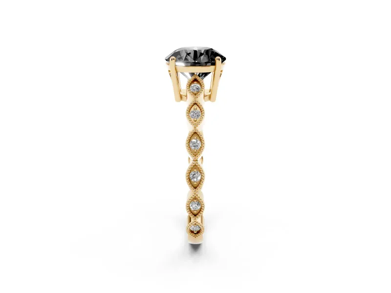 Fancy Black Round Cut Diamond Solitaire Ring Set in Yellow gold with Infinity Twist Pavé Band