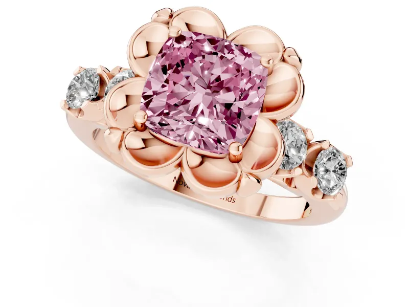 Cushion Cut Floral Engagement Ring Setting for a Fancy Pink Lab-Grown Diamond | Petal Frame and Side Stones | Rose Gold
