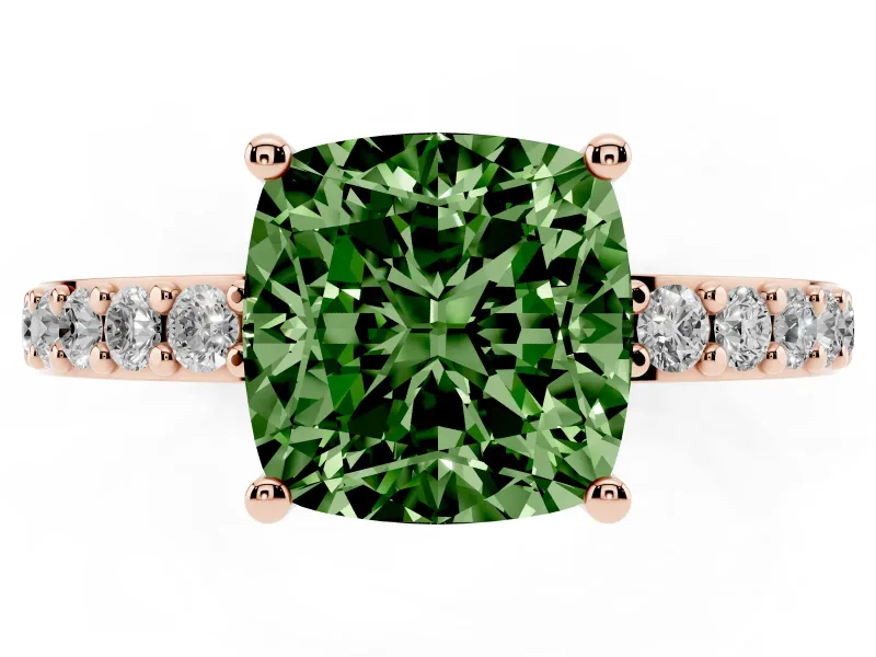 Fancy Green Cushion Cut Diamond Solitaire Set in Rose gold with Round Pavé Band and Prong Setting
