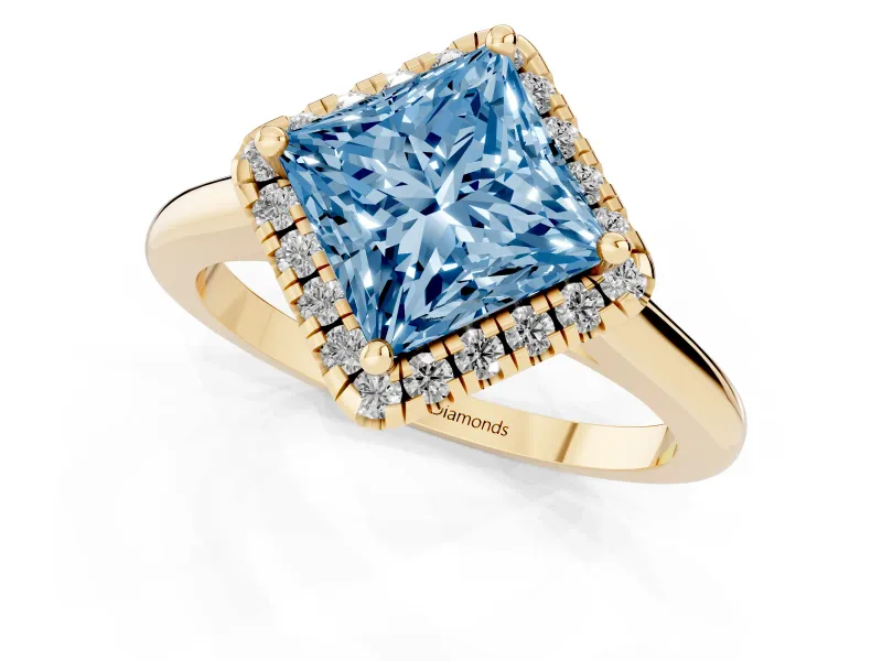 Princess Cut Halo Engagement Ring Setting for a Fancy Blue Lab-Grown Diamond | Plain Polished Band | Yellow Gold