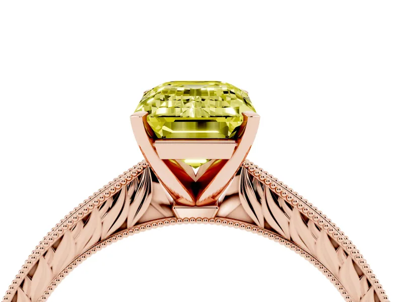 Fancy Yellow Emerald Cut Diamond Solitaire Milgrain Engraved Band Set in Rose gold with Prong Setting