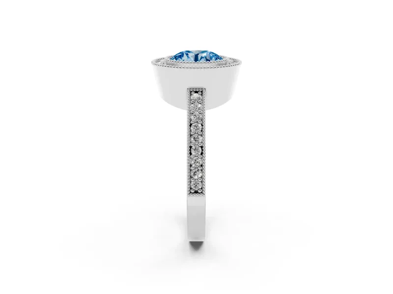 Fancy Blue Round Cut Diamond Halo Engagement Ring Set in Silver with Pavé Band and Round Halo Stones