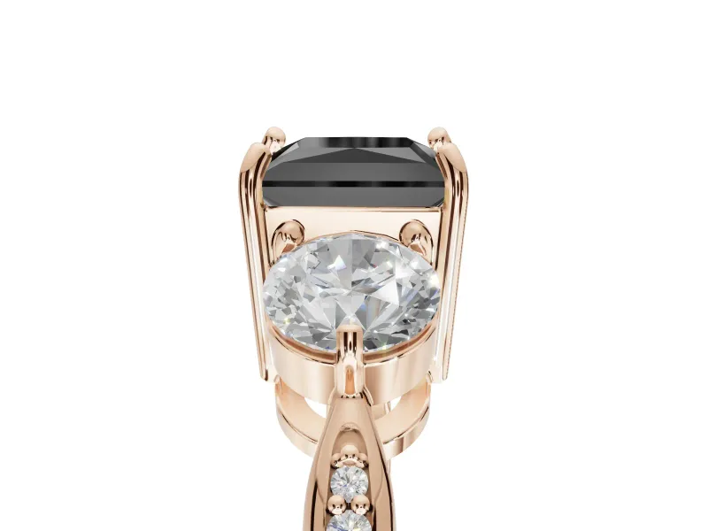 Fancy Black Princess Cut Lab-Grown Diamond Three-Stone Ring Set in Rose Gold with Channel-Set Band and Prong Setting