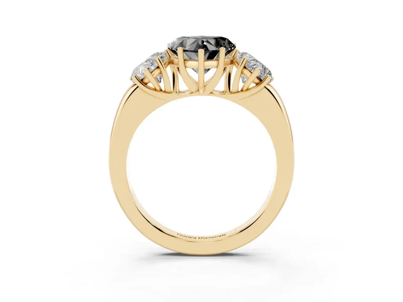 Fancy Black Heart Cut Diamond Three-Stone Ring Set in Yellow gold with Bold Center and Classic Band