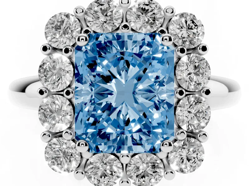 Radiant Cut Cluster Halo Engagement Ring Setting for a Fancy Blue Lab-Grown Diamond | Large Round Accents | Platinum