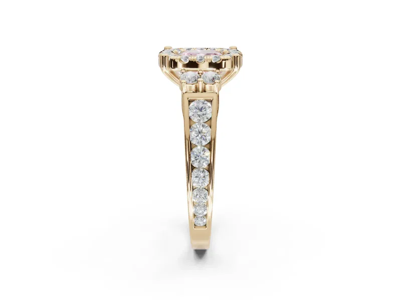 Cushion Cut Halo Engagement Ring Setting for a Fancy Pink Lab-Grown Diamond | Graduated Channel Band | Yellow Gold