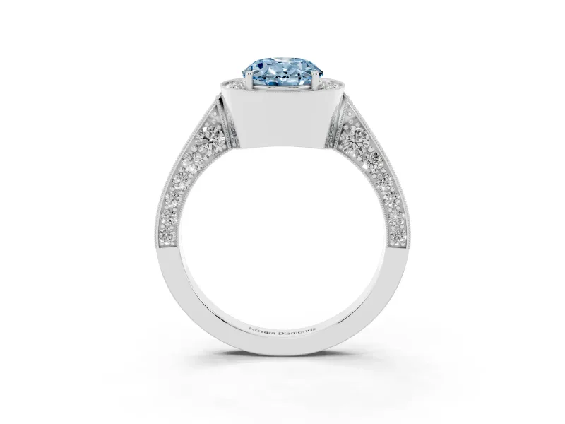 Oval Vintage Milgrain Halo Engagement Ring Setting for a Fancy Blue Lab-Grown Diamond | Side Stones and Pave | Platinum