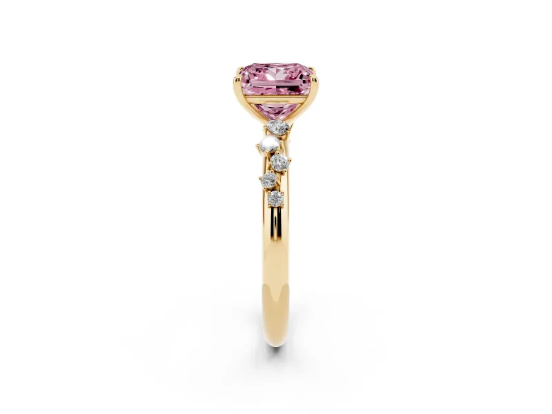 Fancy Pink Princess Cut Diamond Cluster Solitaire Ring Set in Yellow gold with Prong Setting
