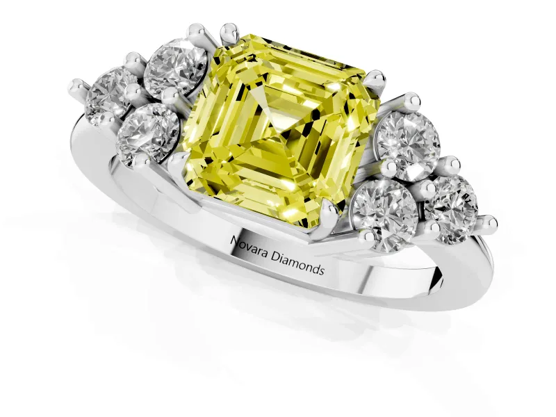 Fancy Yellow Asscher Cut Diamond Solitaire Ring Set in Platinum with Cluster Accents on Each Side