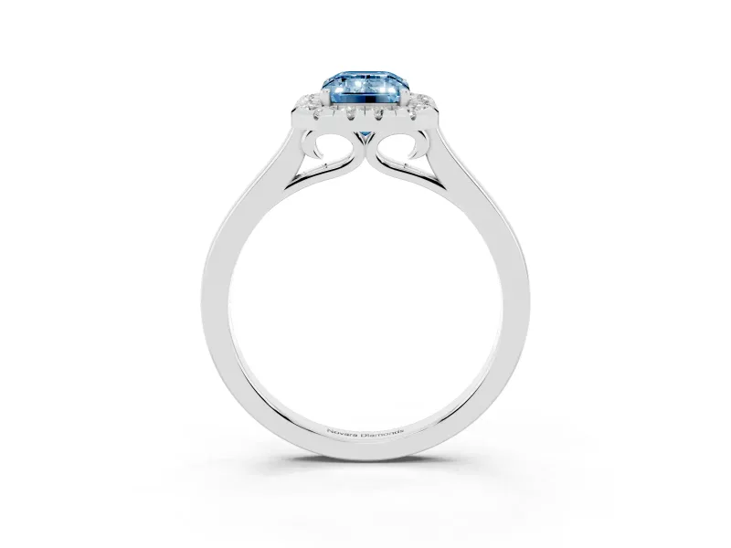 Fancy Blue Emerald Cut Halo Round Diamond Solitaire Ring Set in Silver with Pavé Band and Prong Setting