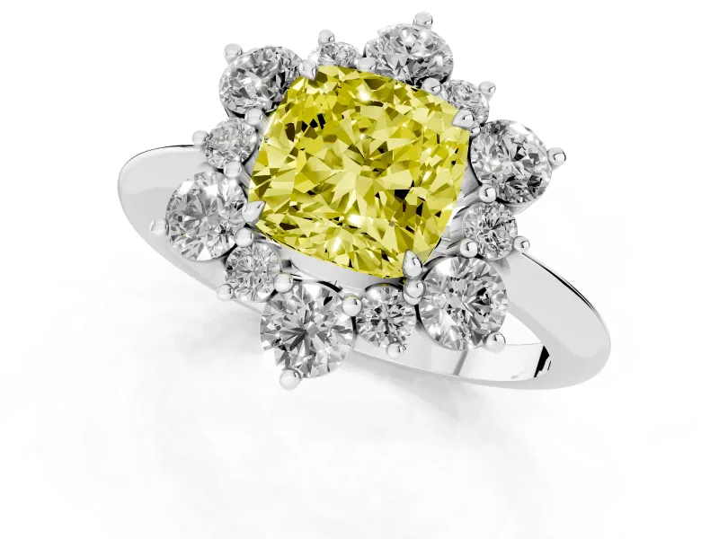 Fancy Yellow Cushion Cut Diamond Cluster Halo Ring Set in Silver with Solitaire Band and Prong Setting