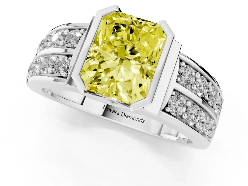 Radiant Cut Half Bezel Engagement Ring Setting for a Fancy Yellow Lab-Grown Diamond | Channel Band | White Gold
